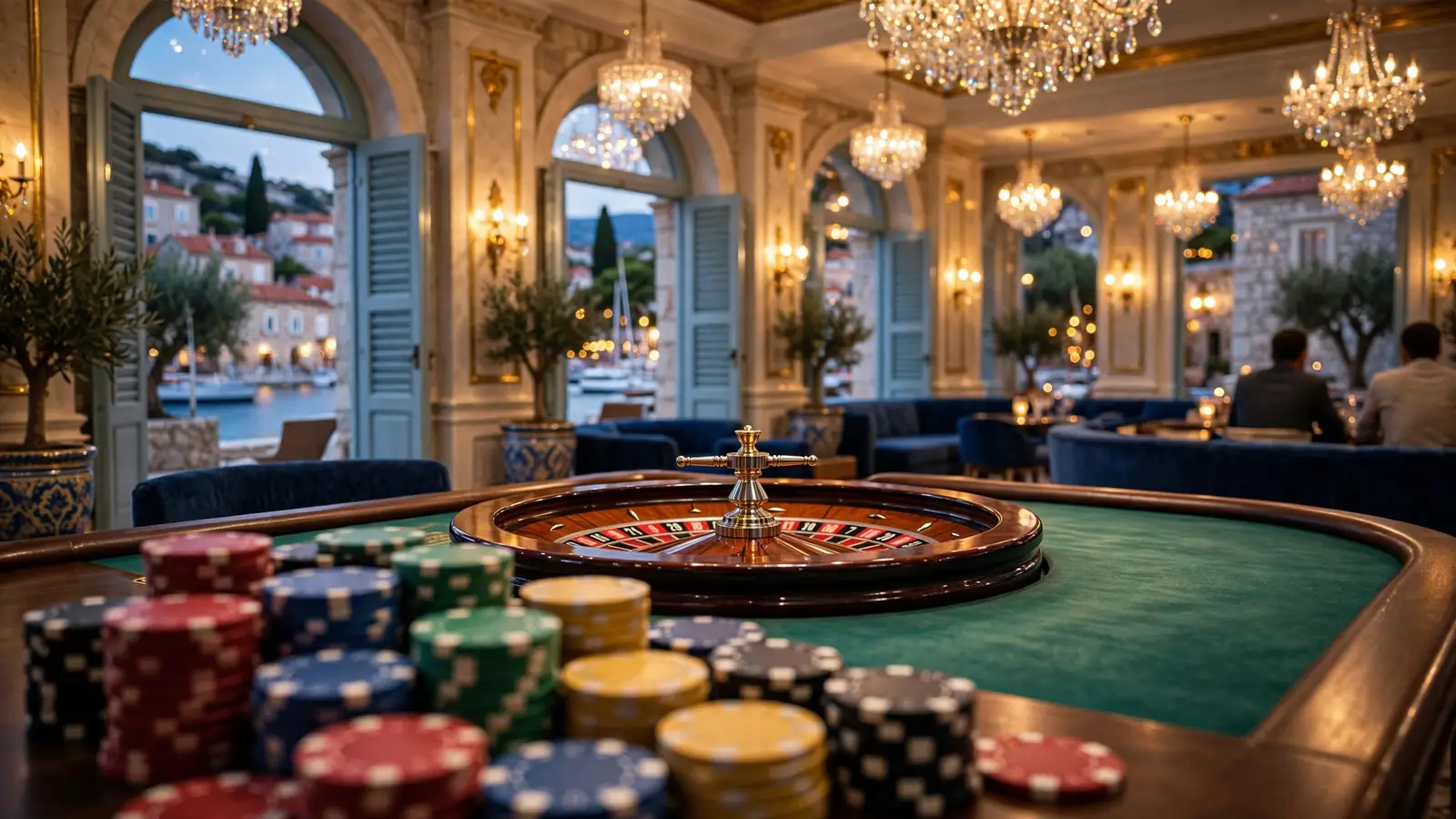 Elegantni kazino salon s hrpom žetona i ruletom na zelenom stolu u hrvatskom primorskom stilu.