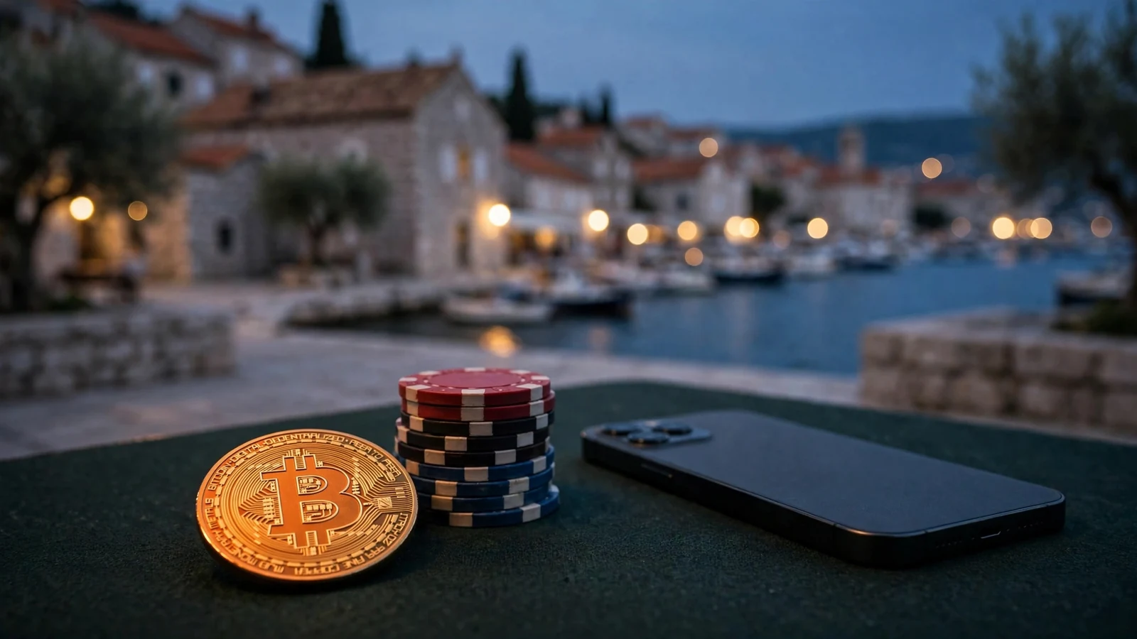 Bitcoin uz kockarske žetone na stolu s pogledom na hrvatsku obalu