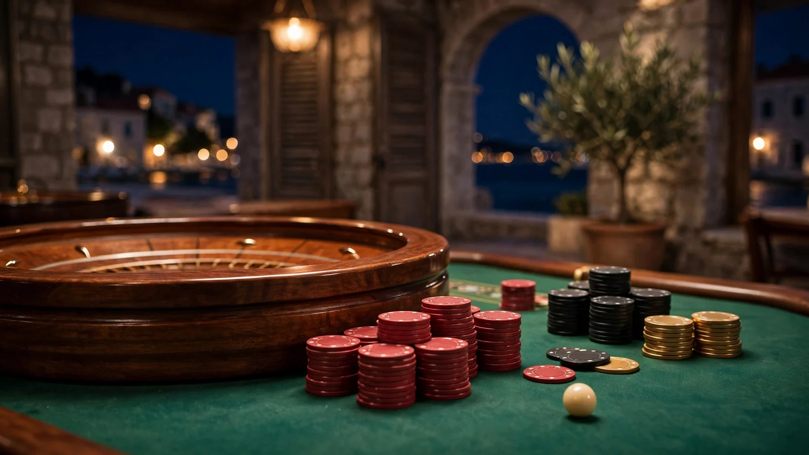 Kotač ruleta na zelenom stolu s hrpom žetona u kasinu