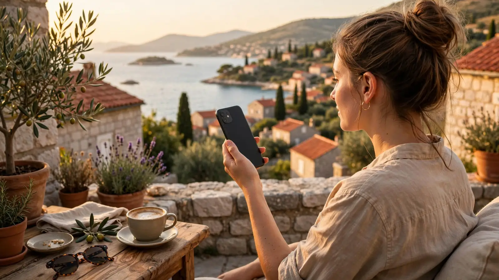 Žena na terasi uz more drži mobitel, opuštena atmosfera