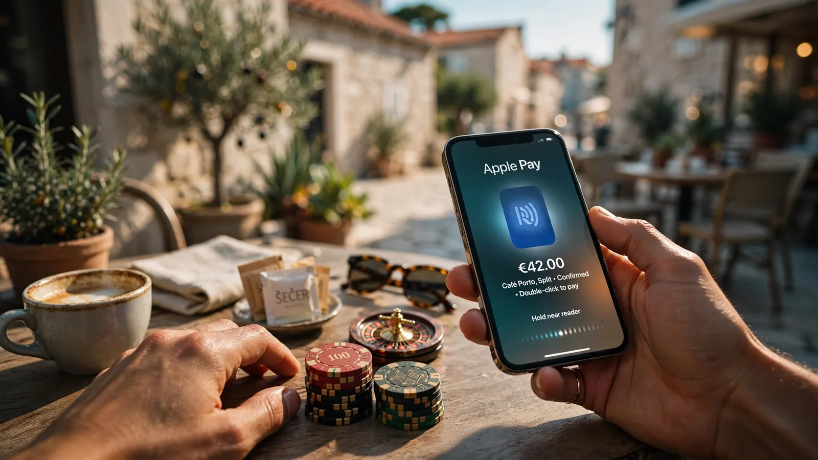 Ručno plaćanje Apple Payem uz casino žetone na stolu u Hrvatskoj