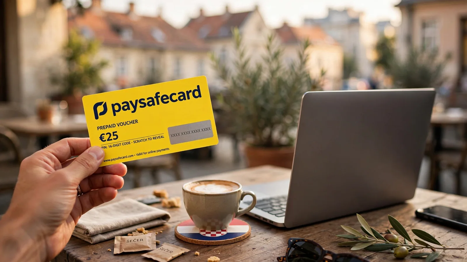 Držanje Paysafecard bona uz laptop u zagrebačkom kafiću