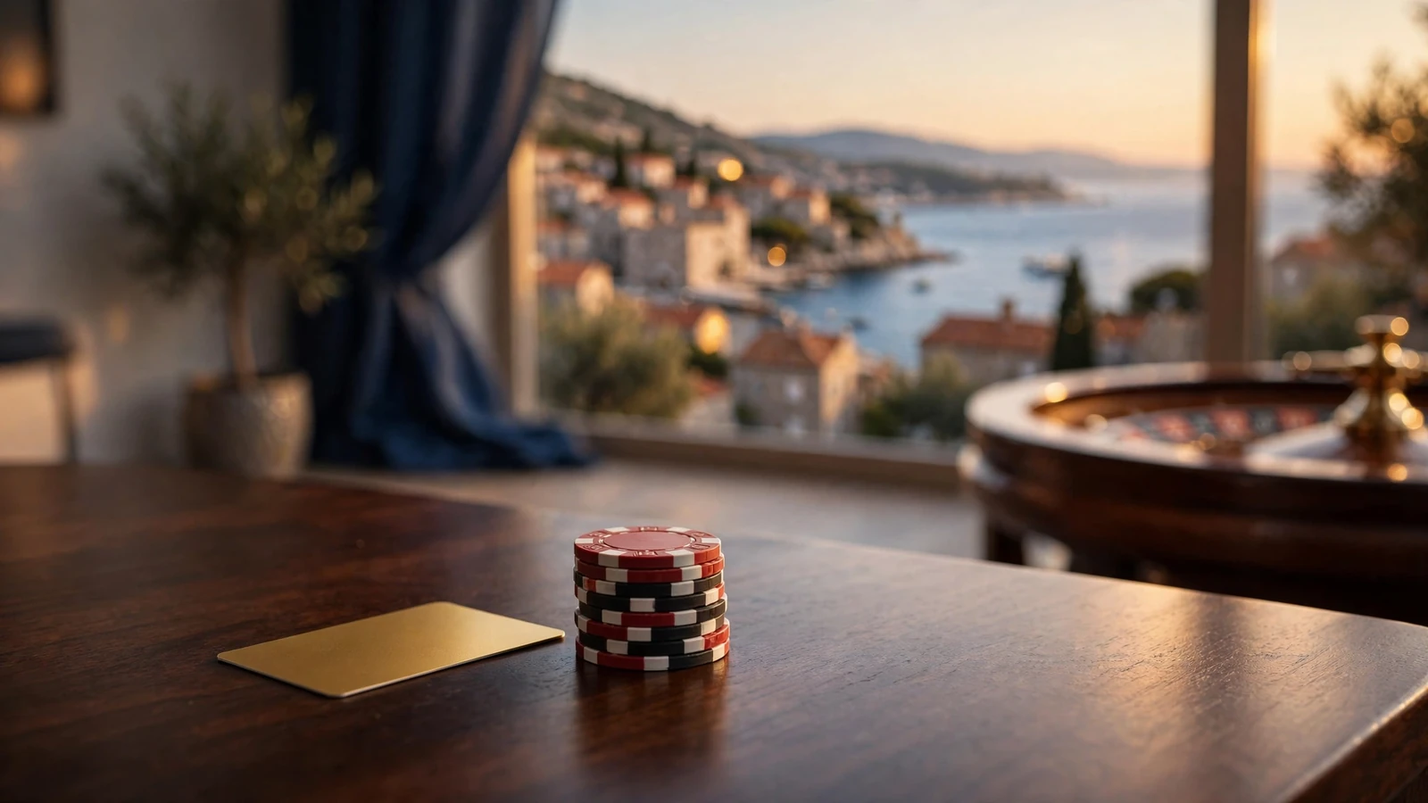Visa kartica i žetoni na stolu uz pogled na hrvatsku obalu