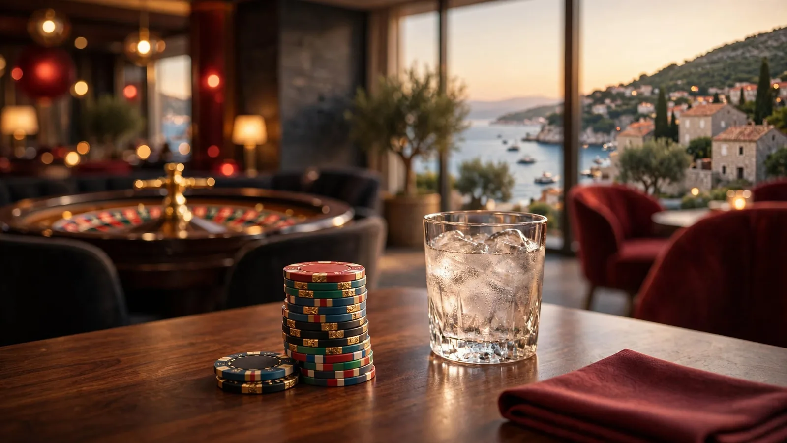 Elegantni casino ambijent sa žetonima i ruletom na stolu