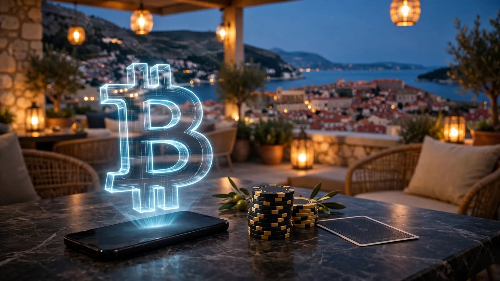 Kripto casino na krovnoj terasi s pogledom na Dubrovnik navečer