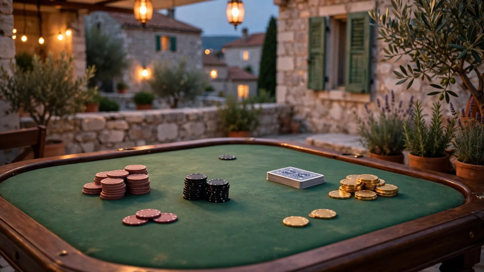 Elegantni blackjack stol s ulošcima i kartama u toplom ambijentu