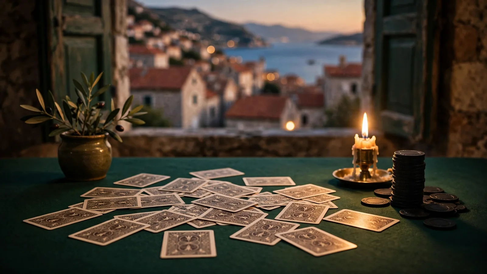 Karte i žetoni na zelenom stolu za blackjack s pogledom na hrvatsku obalu