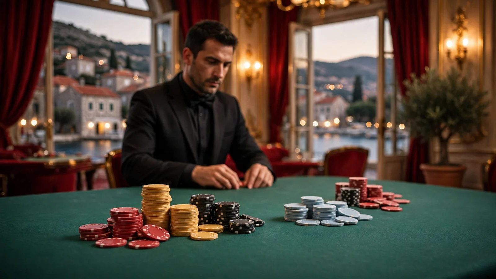 Elegantna live casino scena sa stolom i žetonima u toploj atmosferi