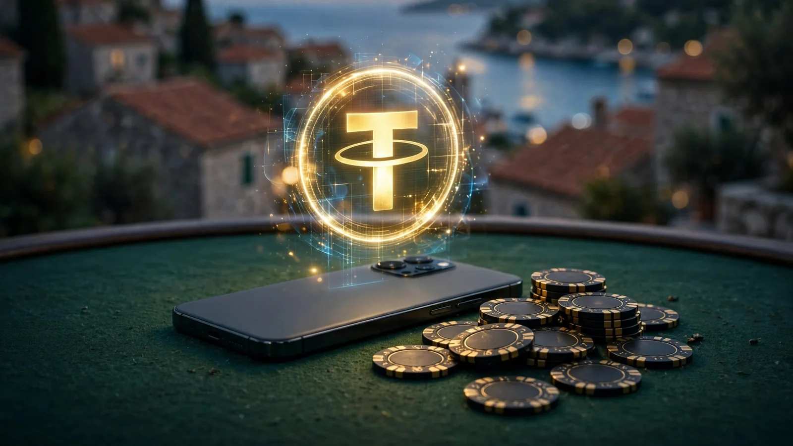 USDT kriptovaluta i poker čipovi na stolu kasina